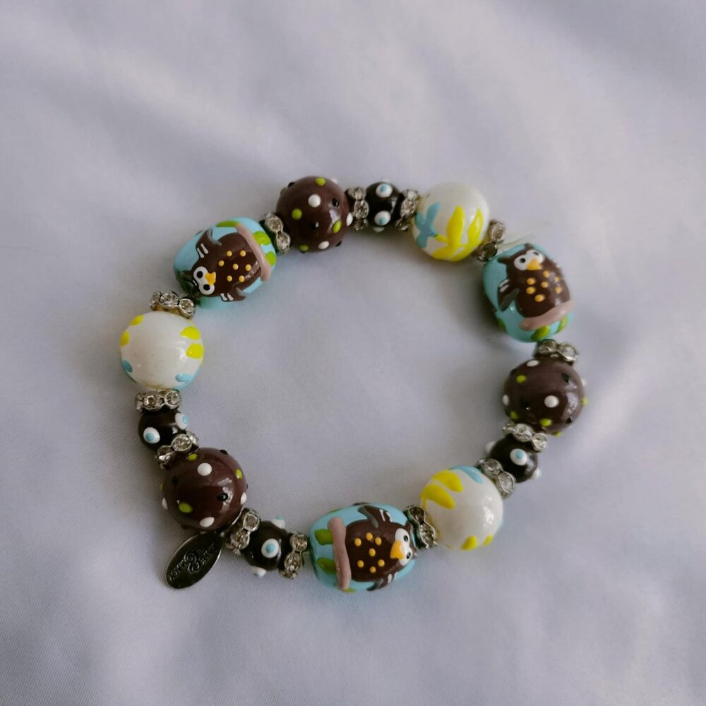 Glass beads and rhinestones bracelet with owls by Kate & Macy